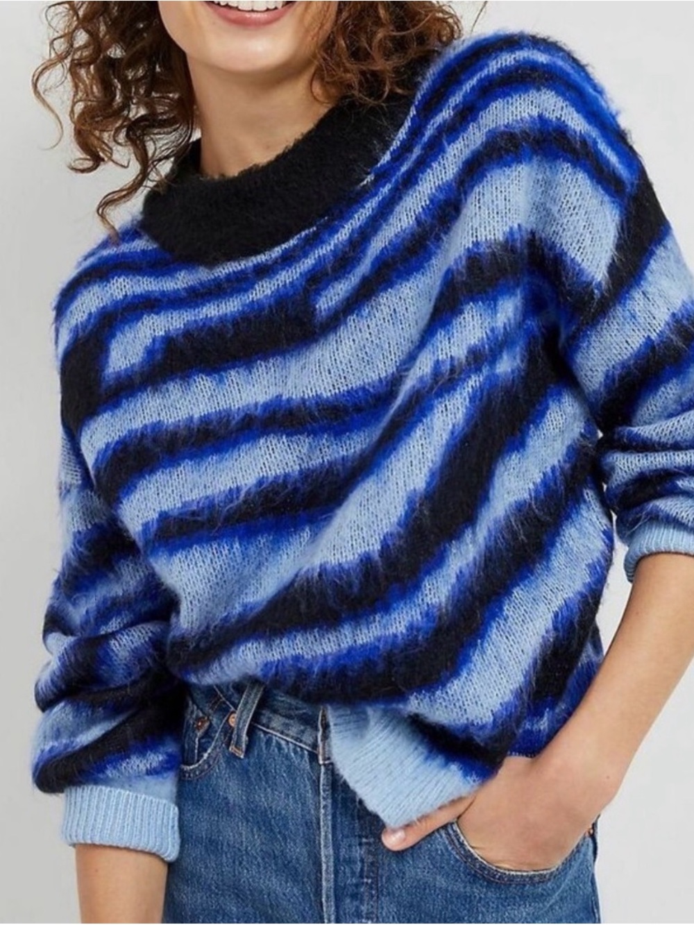 Anthropologie Salma Eyelash Fuzzy Striped Sweater Blue Black Size Medium